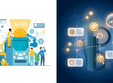 A dual-pane illustration demonstrating expansion revenue intelligence by showing a team managing a traditional revenue funnel alongside a data-driven digital network identifying growth opportunities.