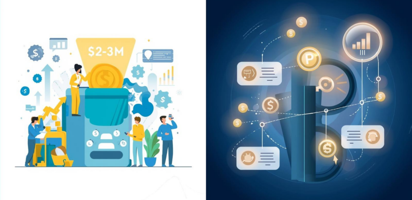 A dual-pane illustration demonstrating expansion revenue intelligence by showing a team managing a traditional revenue funnel alongside a data-driven digital network identifying growth opportunities.