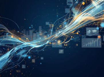 Abstract digital visualization of market sizing for data-driven founders, showing glowing blue and orange data streams connecting business charts and graphs to represent TAM, SAM, and SOM analysis.