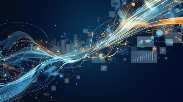 Abstract digital visualization of market sizing for data-driven founders, showing glowing blue and orange data streams connecting business charts and graphs to represent TAM, SAM, and SOM analysis.