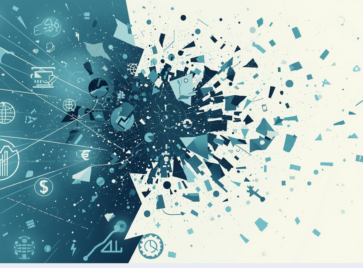 An abstract digital illustration showing data icons, charts, and currency symbols shattering and exploding from a central point, symbolizing CRM data decay.