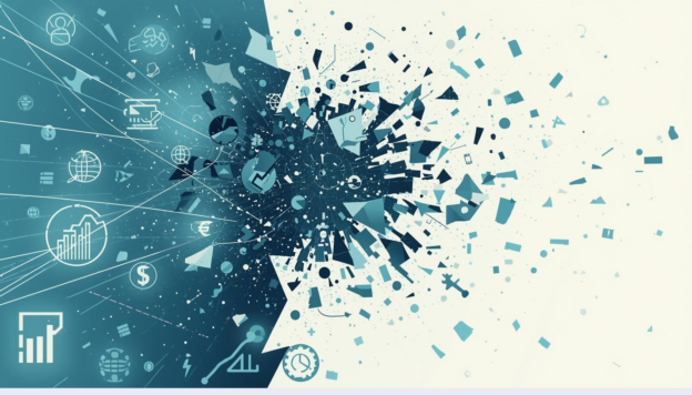 An abstract digital illustration showing data icons, charts, and currency symbols shattering and exploding from a central point, symbolizing CRM data decay.