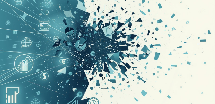 An abstract digital illustration showing data icons, charts, and currency symbols shattering and exploding from a central point, symbolizing CRM data decay.