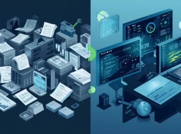 Illustration showing transition from manual, rule-based lead scoring to AI-driven analytics dashboards for B2B lead prioritization.