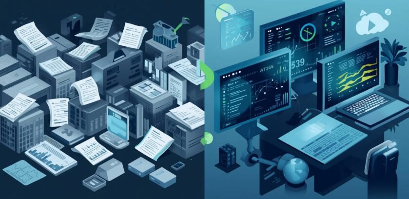 Illustration showing transition from manual, rule-based lead scoring to AI-driven analytics dashboards for B2B lead prioritization.