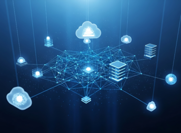 Glowing blue network map showing interconnected data points and cloud storage, illustrating a modern, scalable RevOps data infrastructure.