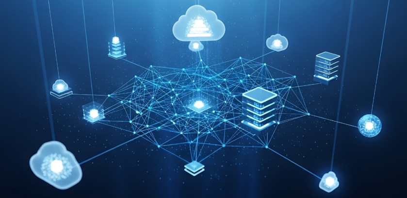 Glowing blue network map showing interconnected data points and cloud storage, illustrating a modern, scalable RevOps data infrastructure.