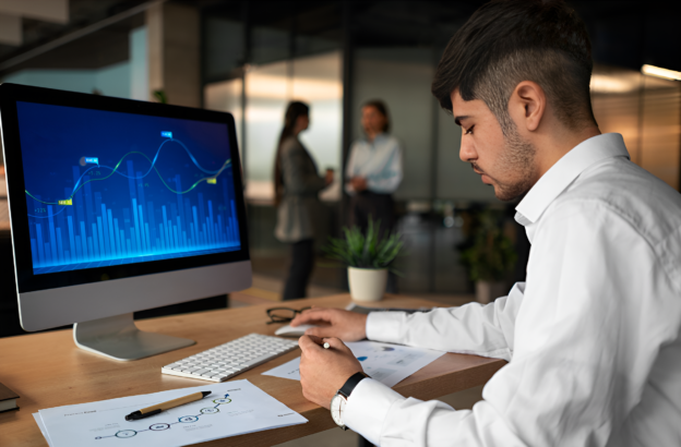 Analyst reviewing dashboard metrics illustrating B2B data quality dimensions in modern data-driven decision making