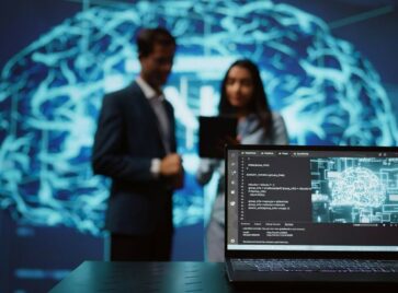 Business professionals analyzing AI and data systems illustrating data resilience strategy in B2B environments