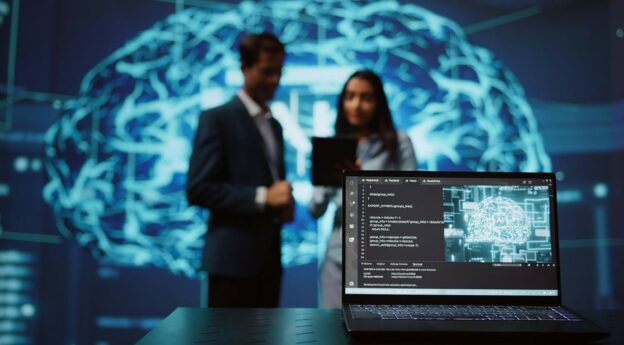 Business professionals analyzing AI and data systems illustrating data resilience strategy in B2B environments
