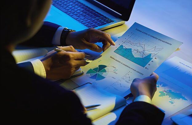 Business professionals reviewing analytics reports and charts to assess B2B data lifecycle management and identify where data loses value over time