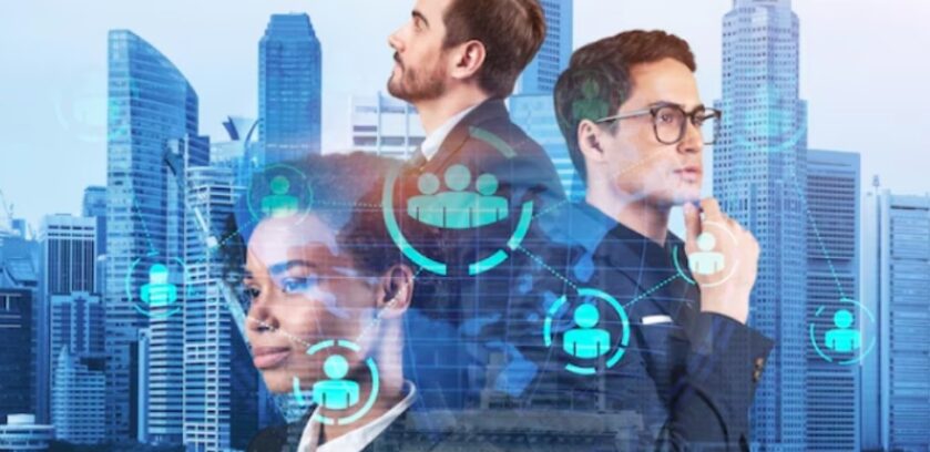Business professionals connected across digital platforms illustrating a cross-system data conflict caused by inconsistent customer records and disconnected business systems.